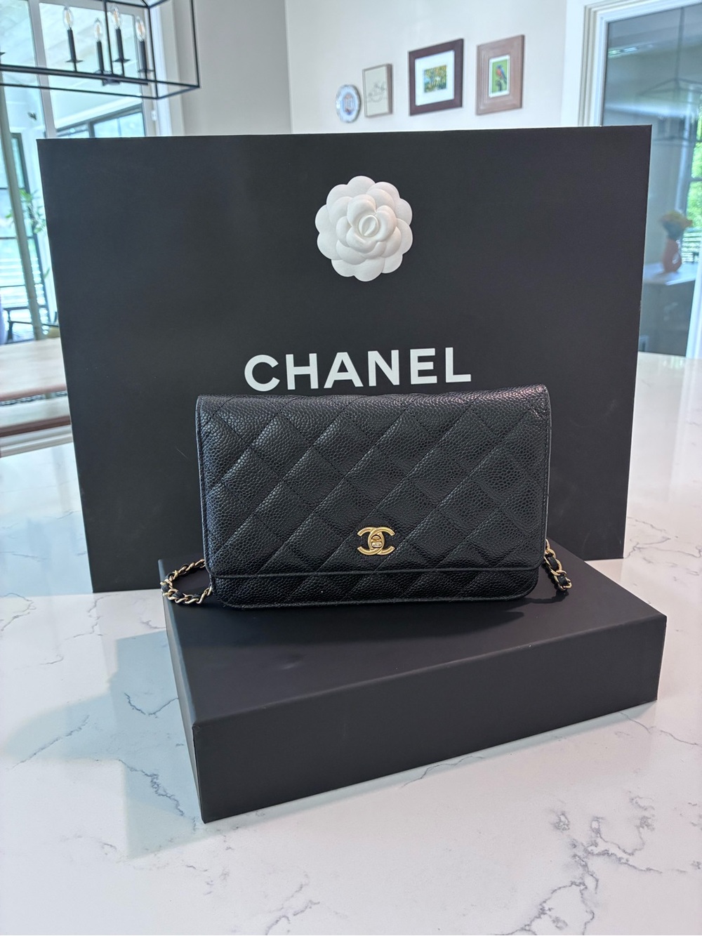 CHANEL Black Quilted Caviar Leather Crossbody Wallet with Gold Hardware